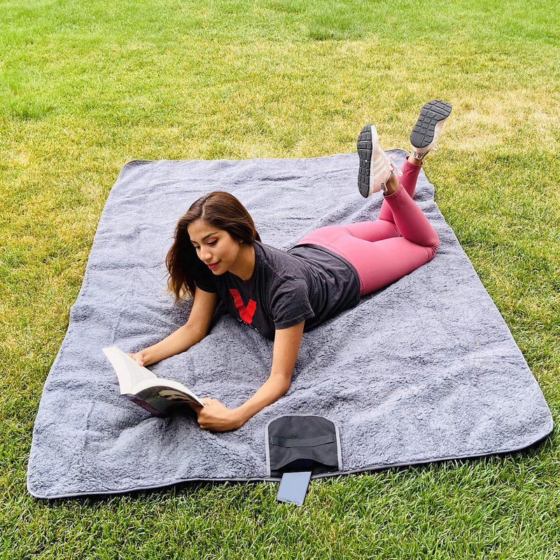Load image into Gallery viewer, Black and Grey 3-Layer Waterproof Outdoor Blanket – Portable, All-Weather Picnic &amp; Camping Mat with Storage Pocket
