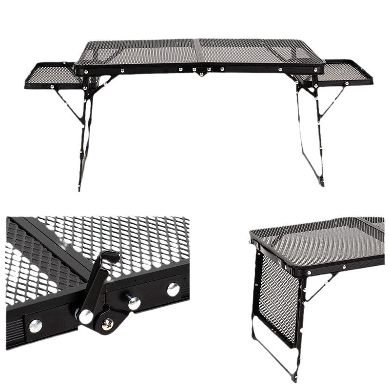 Load image into Gallery viewer, Black Portable Camping Table Heat Resistant Steel Mesh Top Foldable BBQ Desk with Side Wings Adjustable Height Aluminium Frame for Outdoor Picnic
