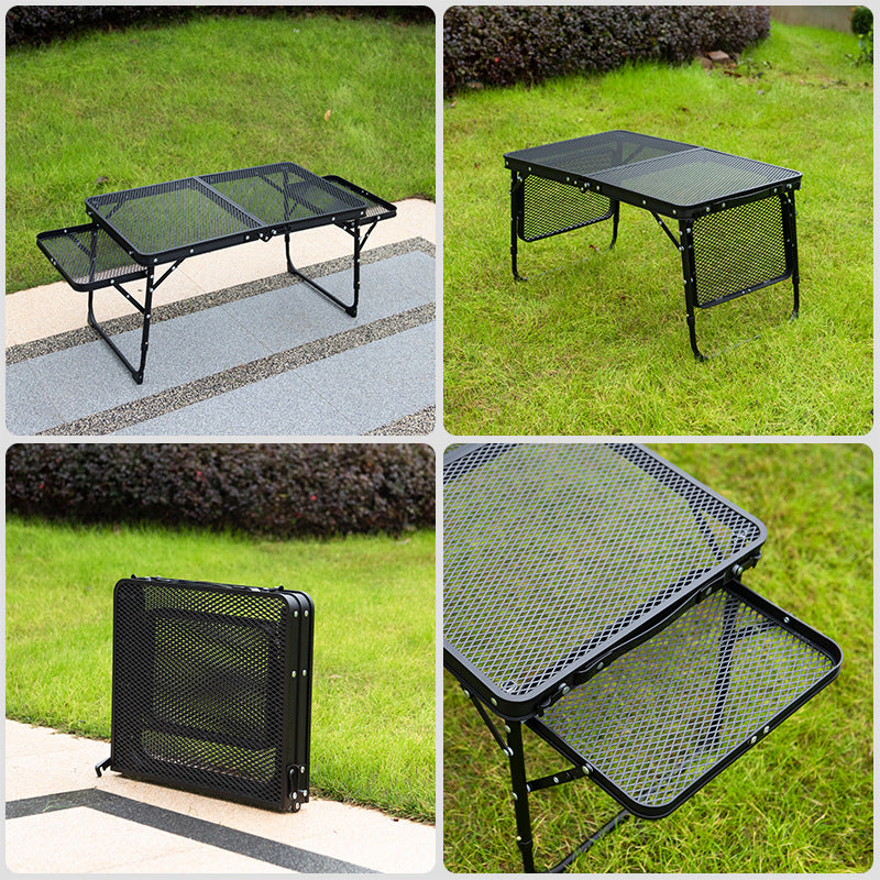 Load image into Gallery viewer, Black Portable Camping Table Heat Resistant Steel Mesh Top Foldable BBQ Desk with Side Wings Adjustable Height Aluminium Frame for Outdoor Picnic
