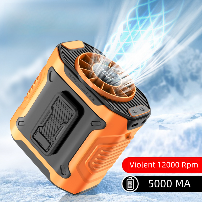 Load image into Gallery viewer, Orange Portable Waist Fan - Construction Site Cooling Solution with 360° Turbo Ice Engine, 100 Speed Gears, and LED Light
