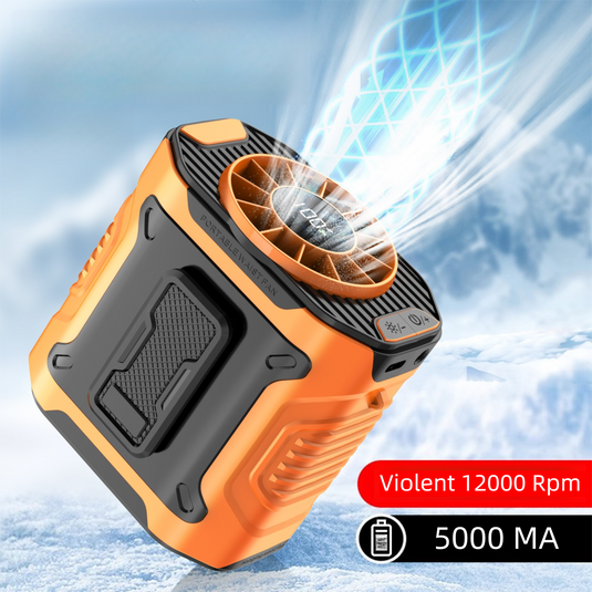Orange Portable Waist Fan - Construction Site Cooling Solution with 360° Turbo Ice Engine, 100 Speed Gears, and LED Light