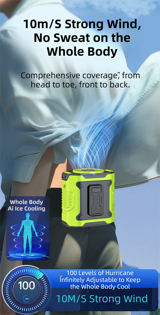 Dark Green Portable Waist Fan - Construction Site Cooling Solution with 360° Turbo Ice Engine, 100 Speed Gears, and LED Light