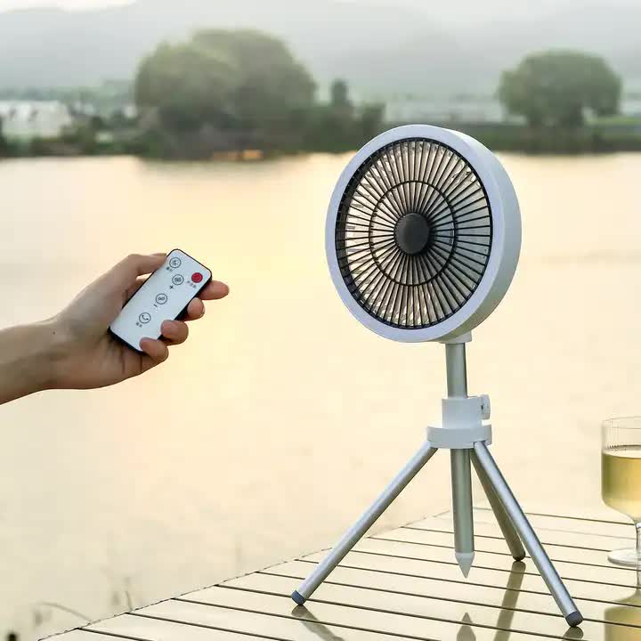 Load image into Gallery viewer, White Portable Outdoor Tripod Fan – USB Rechargeable Camping Fan with Remote Control, Folding &amp; Adjustable for Outdoor Activities and Travel
