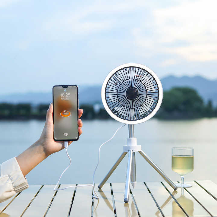 Load image into Gallery viewer, White Portable Outdoor Tripod Fan – USB Rechargeable Camping Fan with Remote Control, Folding &amp; Adjustable for Outdoor Activities and Travel
