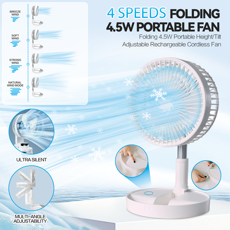 Load image into Gallery viewer, Folding Telescopic 4.5W Portable Height/Tilt Adjustable Rechargeable Cordless Fan
