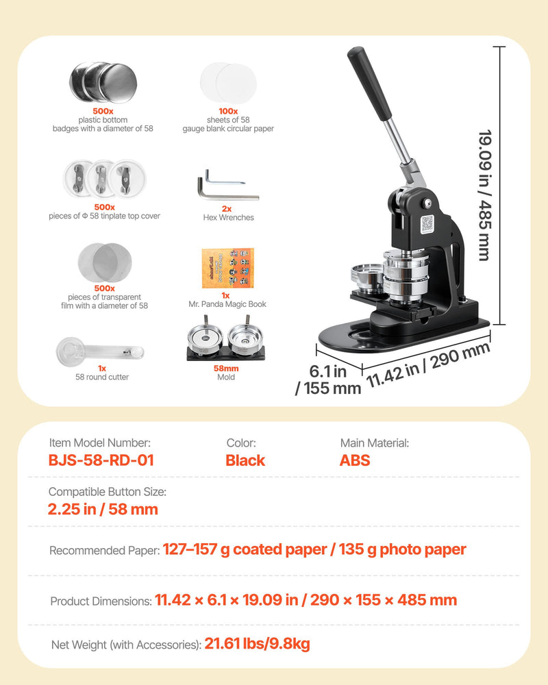 Load image into Gallery viewer, VEVOR Button Maker Machine, 58 mm, Pin Maker Machine with 500pcs Button Parts, Circle Cutter, Hex Wrenches and Magic Book, Ergonomic Handle, for DIY Badges, Personalized Pins and Key Chains, Black
