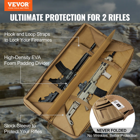 VEVOR Rifle Bag, 36 inch Tactical Double Long Gun Bag, Soft Rifle Case with Lockable Zipper, Portable Handle & Shoulder Strap, 3 Large Storage Pockets Rifle Case for Two 34" Rifles & 2 Pistols, Brown