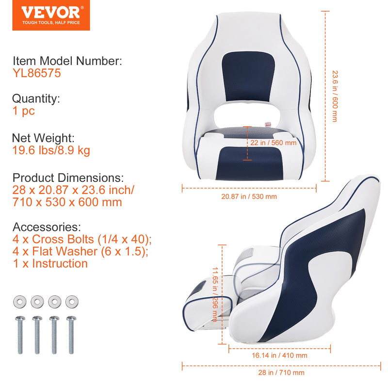 Load image into Gallery viewer, VEVOR Captain Bucket Seat Boat Seat, Flip Up Boat Seat, with Thickened Sponge Padding, Flip-up Bolster Boat Captain Chair for Fishing Boat, Sightseeing Boat, Speedboat, Canoe, 1-Piece
