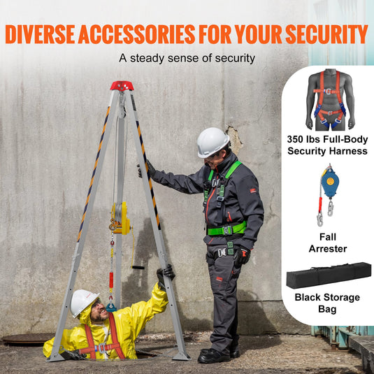 VEVOR Confined Space Tripod Kit, 2600 lbs Winch, Confined Space Tripod 8' Legs and 98' Cable, Confined Space Rescue Tripod 32.8' Fall Protection, Harness, Storage Bag for Traditional Confined Spaces