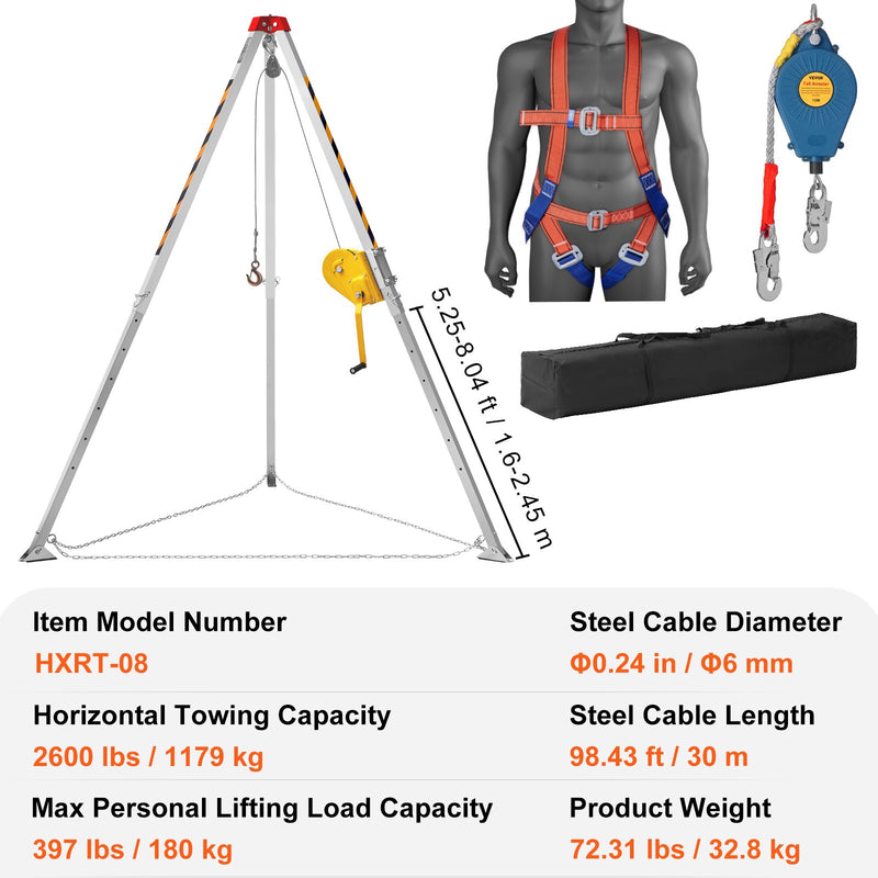Load image into Gallery viewer, VEVOR Confined Space Tripod Kit, 2600 lbs Winch, Confined Space Tripod 8&#39; Legs and 98&#39; Cable, Confined Space Rescue Tripod 32.8&#39; Fall Protection, Harness, Storage Bag for Traditional Confined Spaces
