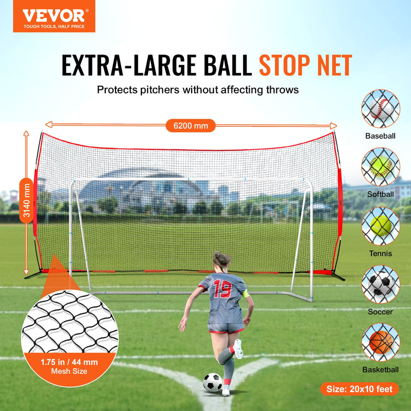 Load image into Gallery viewer, VEVOR Barricade Backstop Net, 20x10 ft Ball Sports Barrier Netting, Portable Practice Equipment with Carry Bag, Protection Screen for Baseball Softball Lacrosse Soccer Hockey Training, for Backyard
