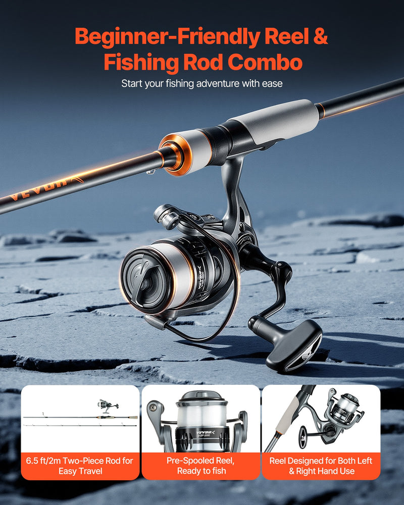 Load image into Gallery viewer, VEVOR Rod and Fishing Reel Combo, IM6 Fiberglass &amp; Carbon Fiber Spinning Rod and Reel Combo, Bass Fishing Pole with 2m Two-Piece Rods, 6+1 Ball Bearings, Stainless Steel Guides with Ceramic Rings
