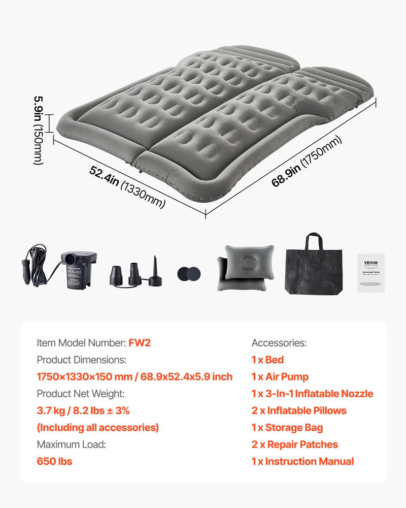 Load image into Gallery viewer, VEVOR Car Air Mattress, Inflatable Car Camping Mattress, Flocking Thickened Travel Beds, Comfortable and Durable Portable Sleeping Pad with Air Pump, Nozzle, Carry Bag, Fits Most SUV MPV Sedan, Gray
