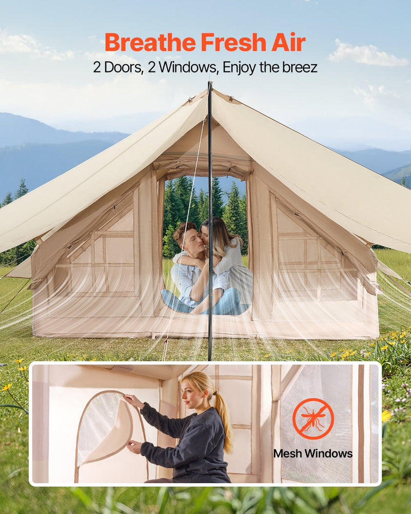 Load image into Gallery viewer, VEVOR Inflatable Tents for Camping, 3-5 Person Easy Setup Blow up Tent with Hand Pump, 300D Oxford 4 Season Glamping Tent with Canopy, Stove Jack, 2 Doors &amp; 2 Mesh Windows (Storage Bag Included)
