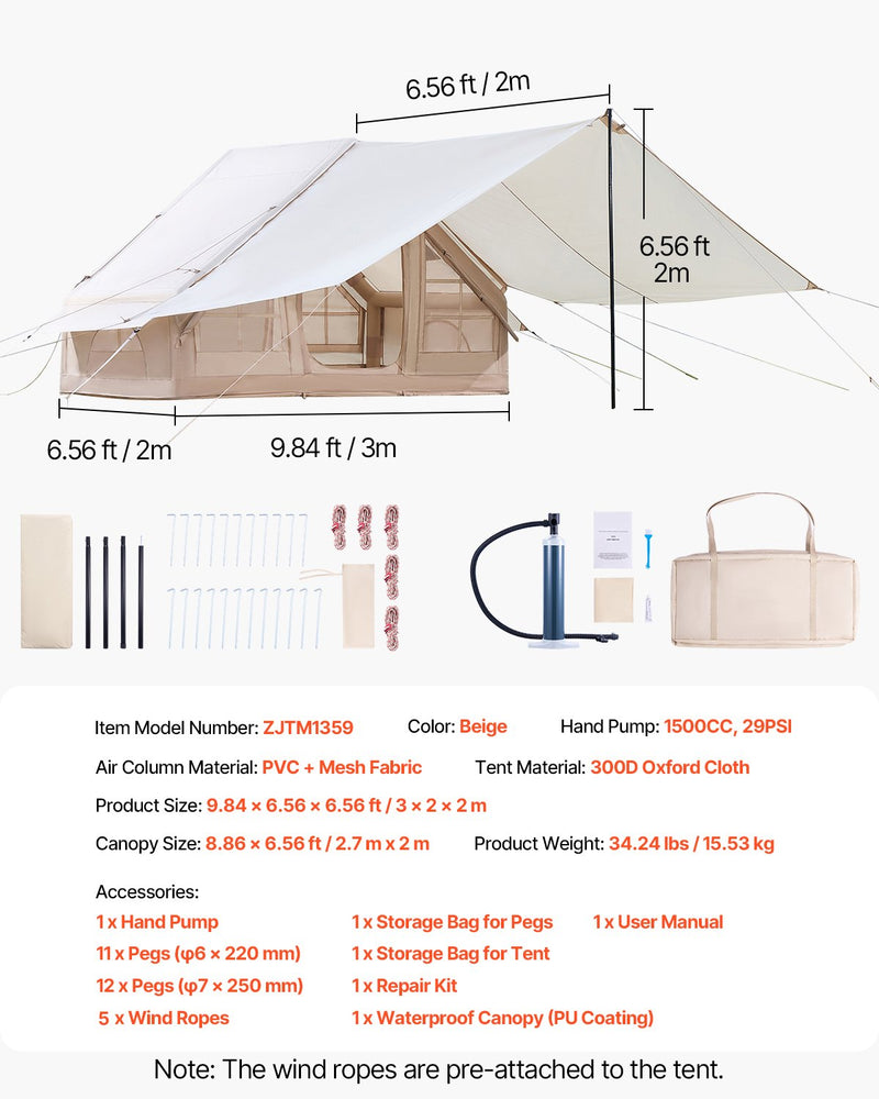 Load image into Gallery viewer, VEVOR Inflatable Tents for Camping, 3-5 Person Easy Setup Blow up Tent with Hand Pump, 300D Oxford 4 Season Glamping Tent with Canopy, Stove Jack, 2 Doors &amp; 2 Mesh Windows (Storage Bag Included)
