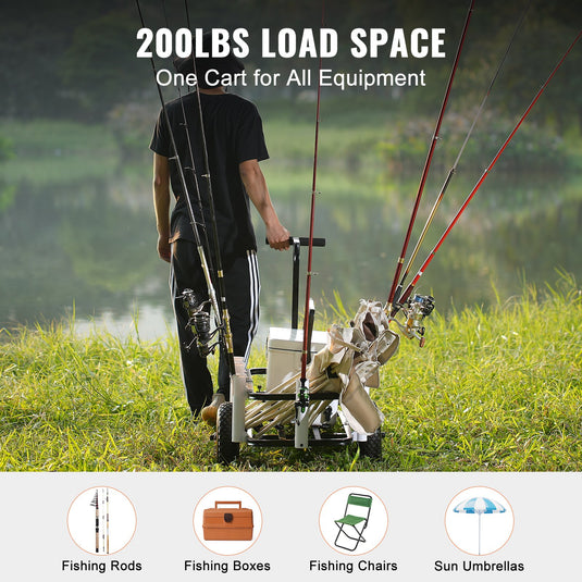 VEVOR Beach Fishing Cart, 91 kg Load Capacity, Fish and Marine Cart with Two 275 mm Big Wheels Rubber Balloon Tires for Sand, Heavy-Duty Steel Pier Wagon Trolley with 7 Rod Holders for Fishing, Picnic