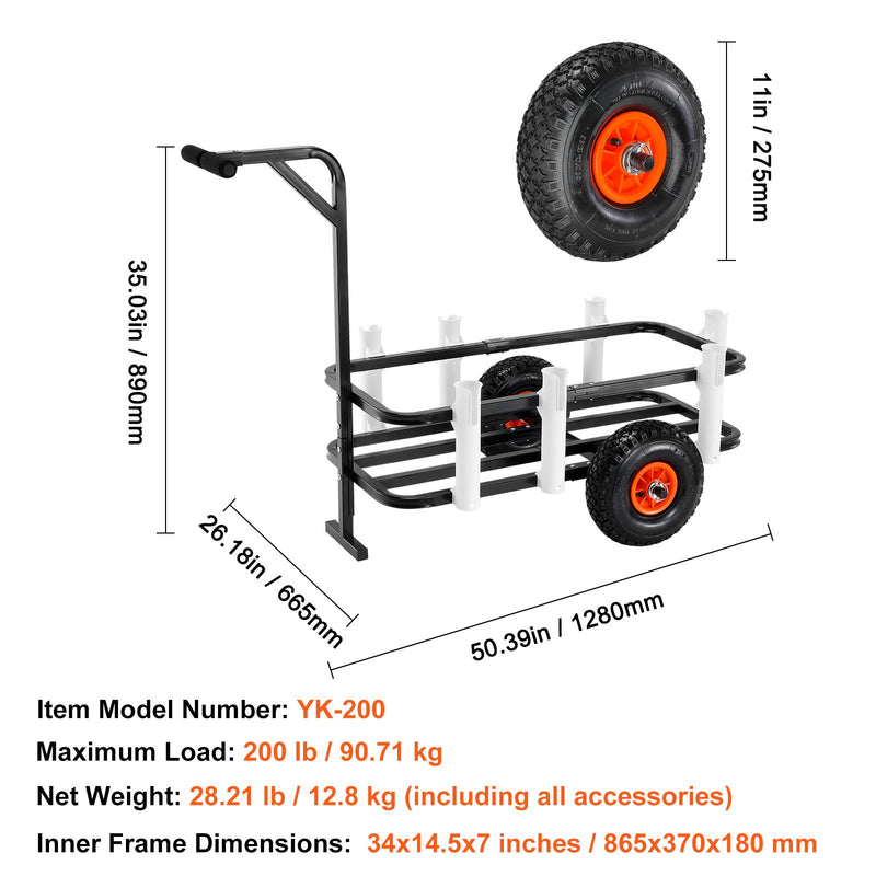 Load image into Gallery viewer, VEVOR Beach Fishing Cart, 91 kg Load Capacity, Fish and Marine Cart with Two 275 mm Big Wheels Rubber Balloon Tires for Sand, Heavy-Duty Steel Pier Wagon Trolley with 7 Rod Holders for Fishing, Picnic
