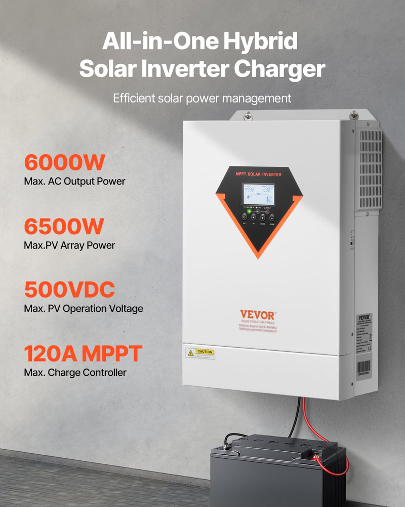 Load image into Gallery viewer, VEVOR Hybrid Solar Inverter, 6000W, All in One Pure Sine Wave Power Inverter Charger, 220V AC, with Built-in 120A MPPT Solar Charger Controller, for Off-Grid System Lead Acid Lithium Battery
