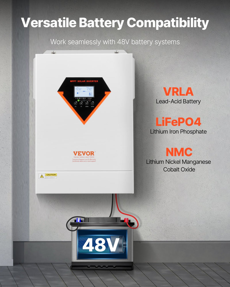 Load image into Gallery viewer, VEVOR Hybrid Solar Inverter, 6000W, All in One Pure Sine Wave Power Inverter Charger, 220V AC, with Built-in 120A MPPT Solar Charger Controller, for Off-Grid System Lead Acid Lithium Battery
