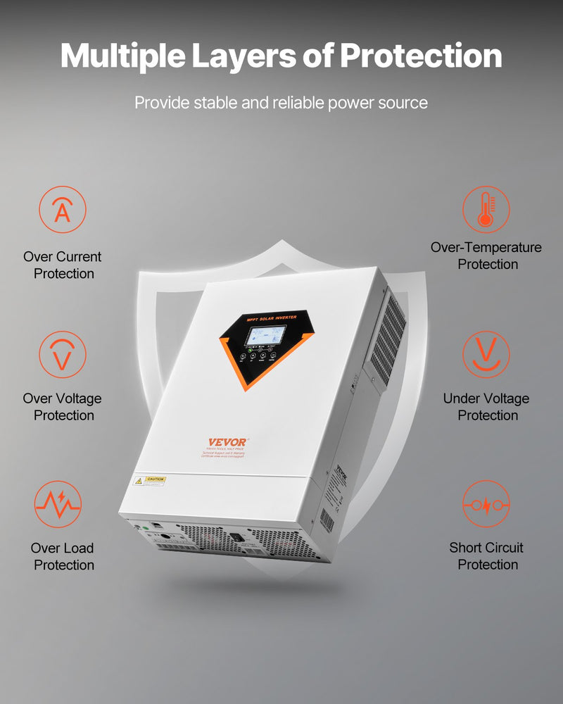 Load image into Gallery viewer, VEVOR Hybrid Solar Inverter, 6000W, All in One Pure Sine Wave Power Inverter Charger, 220V AC, with Built-in 120A MPPT Solar Charger Controller, for Off-Grid System Lead Acid Lithium Battery
