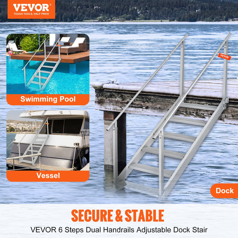 Load image into Gallery viewer, VEVOR Dock Ladder, 1.09 m-1.29 m Adjustable Height, 227 kg Load Capacity, Aluminum Alloy 6 Steps Pontoon Boat Ladder with Dual Handrails &amp; Nonslip Mat, Ideal for Ship/Lake/Pool/Marine Boarding
