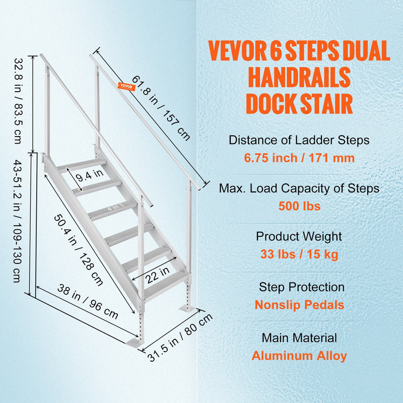 Load image into Gallery viewer, VEVOR Dock Ladder, 1.09 m-1.29 m Adjustable Height, 227 kg Load Capacity, Aluminum Alloy 6 Steps Pontoon Boat Ladder with Dual Handrails &amp; Nonslip Mat, Ideal for Ship/Lake/Pool/Marine Boarding
