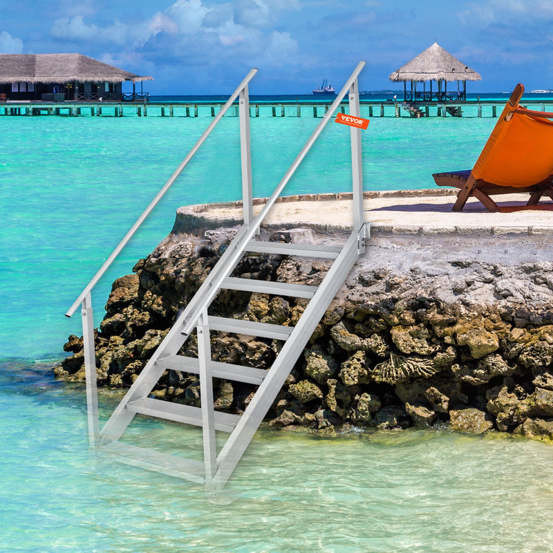 Load image into Gallery viewer, VEVOR Dock Ladder, 1.09 m-1.29 m Adjustable Height, 227 kg Load Capacity, Aluminum Alloy 6 Steps Pontoon Boat Ladder with Dual Handrails &amp; Nonslip Mat, Ideal for Ship/Lake/Pool/Marine Boarding
