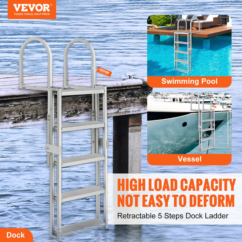 Load image into Gallery viewer, VEVOR Dock Ladder, Retractable 5 Steps, 350 lbs Load Capacity, Aluminum Alloy Pontoon Boat Ladder with 66.9&#39;&#39;-78.9&#39;&#39; Adjustable Height, 4&#39;&#39; Wide Step &amp; Mat, for Ship/Lake/Pool/Marine Boarding
