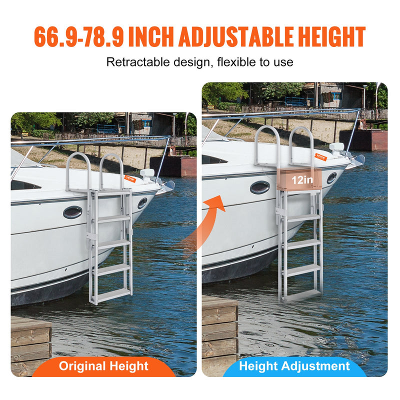 Load image into Gallery viewer, VEVOR Dock Ladder, Retractable 5 Steps, 350 lbs Load Capacity, Aluminum Alloy Pontoon Boat Ladder with 66.9&#39;&#39;-78.9&#39;&#39; Adjustable Height, 4&#39;&#39; Wide Step &amp; Mat, for Ship/Lake/Pool/Marine Boarding
