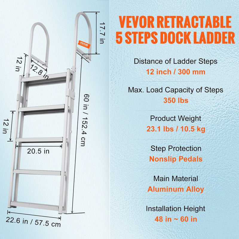 Load image into Gallery viewer, VEVOR Dock Ladder, Retractable 5 Steps, 350 lbs Load Capacity, Aluminum Alloy Pontoon Boat Ladder with 66.9&#39;&#39;-78.9&#39;&#39; Adjustable Height, 4&#39;&#39; Wide Step &amp; Mat, for Ship/Lake/Pool/Marine Boarding
