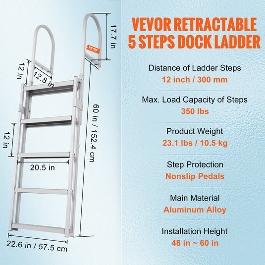 VEVOR Dock Ladder, Retractable 5 Steps, 350 lbs Load Capacity, Aluminum Alloy Pontoon Boat Ladder with 66.9''-78.9'' Adjustable Height, 4'' Wide Step & Mat, for Ship/Lake/Pool/Marine Boarding