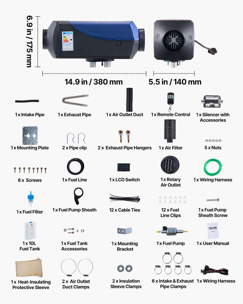 Load image into Gallery viewer, VEVOR Diesel Heater, 8KW, DC 12V/24V, Portable Diesel Air Heater with Remote Control and LCD Screen, Fast Heating Low Noise, 10 L Large Fuel Tank for Vehicles, Vans, RVs, Campers, and Trucks
