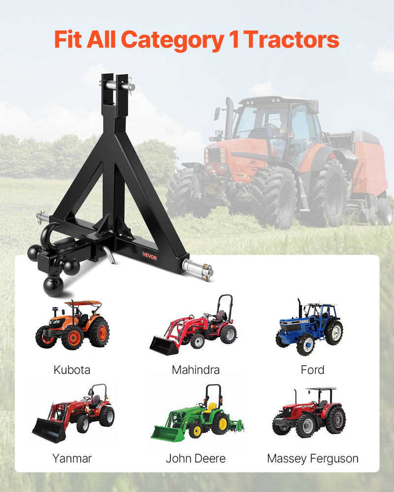 Load image into Gallery viewer, VEVOR 3 Point Trailer Hitch 2 in Receiver, 3pt Quick Hitch Attachment with 3 Trailer Balls, Tractor Tow Drawbar Adapter, Compatible with Kubota, Mahindra, Ford, Yanmar, John Deere, Massey Ferguson
