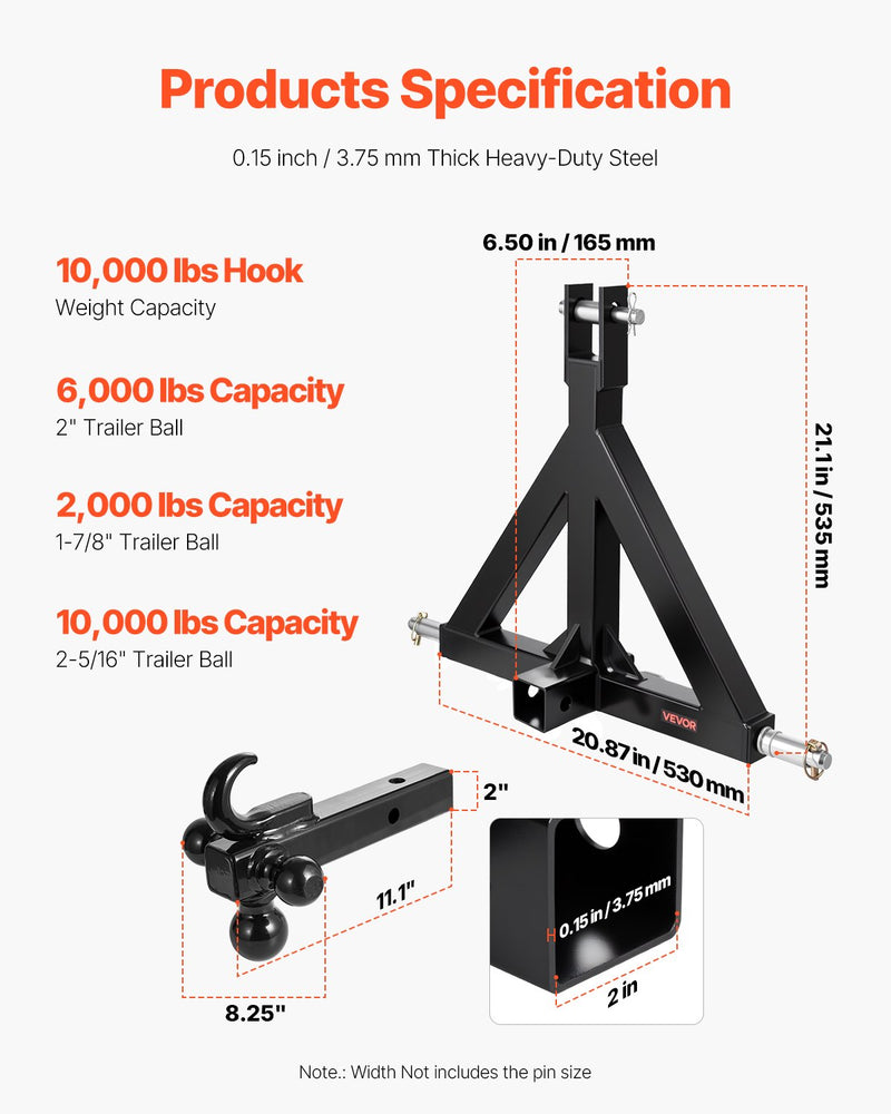 Load image into Gallery viewer, VEVOR 3 Point Trailer Hitch 2 in Receiver, 3pt Quick Hitch Attachment with 3 Trailer Balls, Tractor Tow Drawbar Adapter, Compatible with Kubota, Mahindra, Ford, Yanmar, John Deere, Massey Ferguson
