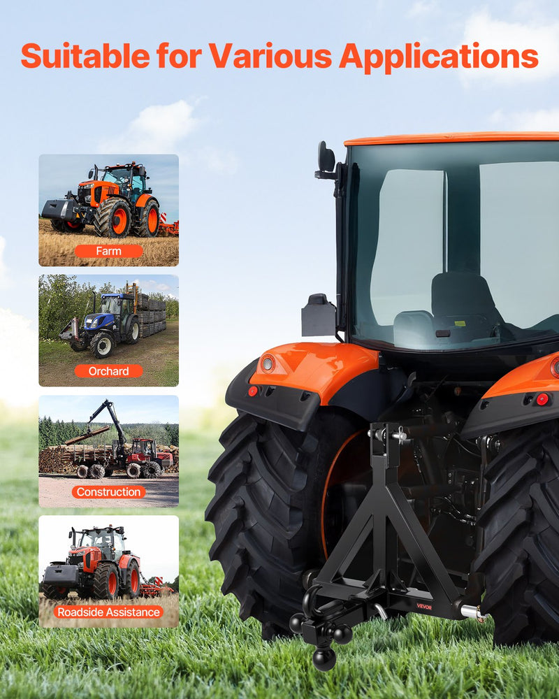 Load image into Gallery viewer, VEVOR 3 Point Trailer Hitch 2 in Receiver, 3pt Quick Hitch Attachment with 3 Trailer Balls, Tractor Tow Drawbar Adapter, Compatible with Kubota, Mahindra, Ford, Yanmar, John Deere, Massey Ferguson
