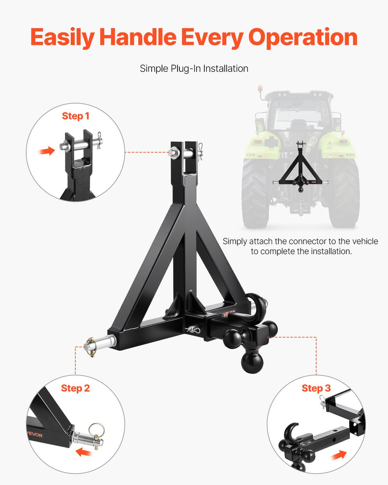 Load image into Gallery viewer, VEVOR 3 Point Trailer Hitch 2 in Receiver, 3pt Quick Hitch Attachment with 3 Trailer Balls, Tractor Tow Drawbar Adapter, Compatible with Kubota, Mahindra, Ford, Yanmar, John Deere, Massey Ferguson
