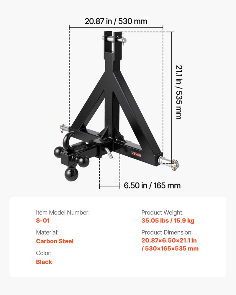 Load image into Gallery viewer, VEVOR 3 Point Trailer Hitch 2 in Receiver, 3pt Quick Hitch Attachment with 3 Trailer Balls, Tractor Tow Drawbar Adapter, Compatible with Kubota, Mahindra, Ford, Yanmar, John Deere, Massey Ferguson
