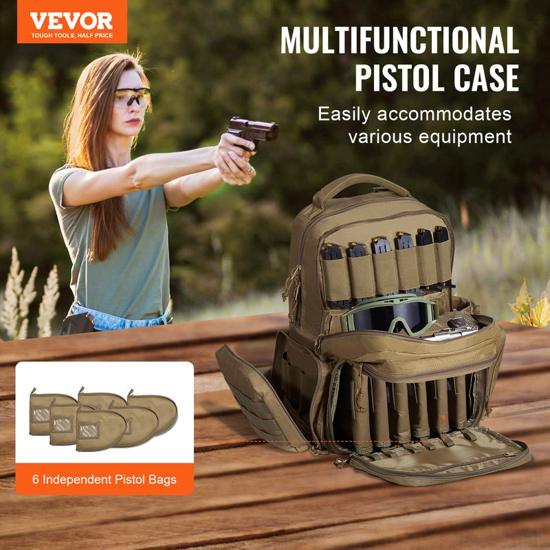 Load image into Gallery viewer, VEVOR Tactical Range Backpack for 6 Pistols, Gun Backpack with 6 Independent Pistol Bags &amp; 10 Magazines, Pistol Backpack for Outdoor Hunting Shooting, Range Bag for Handguns Lockable Zipper,  Brown

