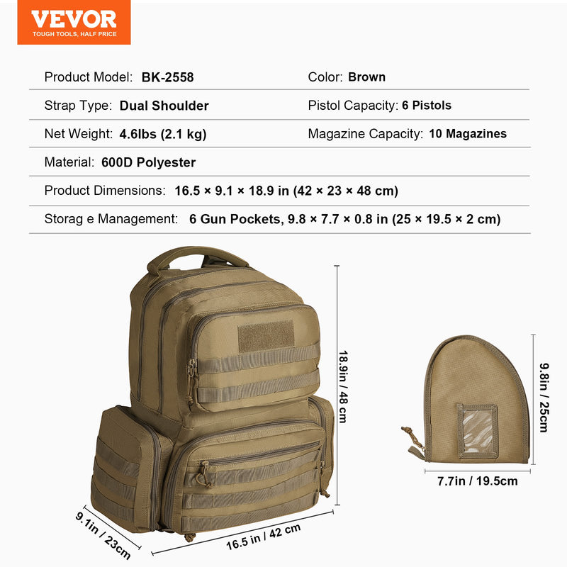 Load image into Gallery viewer, VEVOR Tactical Range Backpack for 6 Pistols, Gun Backpack with 6 Independent Pistol Bags &amp; 10 Magazines, Pistol Backpack for Outdoor Hunting Shooting, Range Bag for Handguns Lockable Zipper,  Brown
