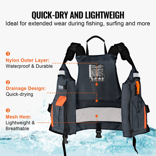 VEVOR Life Vest for Watersports (PFD), Life Jacket with Waterproof Nylon & 96N Buoyancy, Life Vest/Jacket for Any Water Activity-Fishing, Kayaking, Surfing and More, Men and Women L